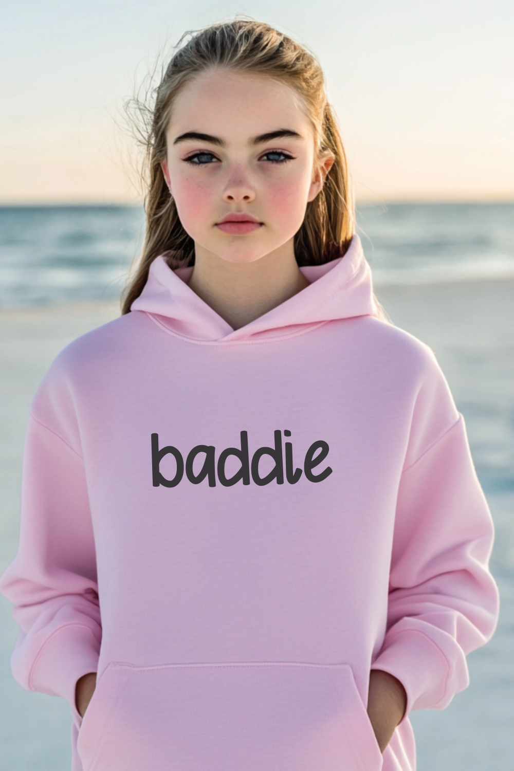 A young girl stands on a beach wearing a pink hoodie with the word “baddie” in black lettering, showcasing a trendy casual style.