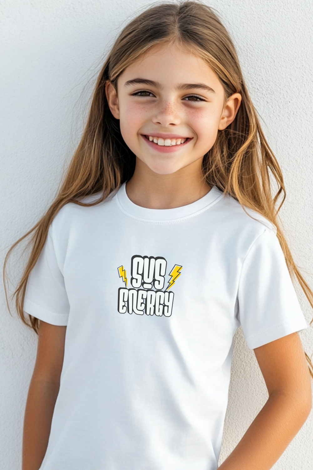 Smiling girl wearing a white Comfort Colors youth t-shirt featuring a bold "SUS ENERGY" graphic design with black text and yellow lightning bolts. Trendy kids' graphic tee with a fun, modern aesthetic, perfect for casual streetwear style.