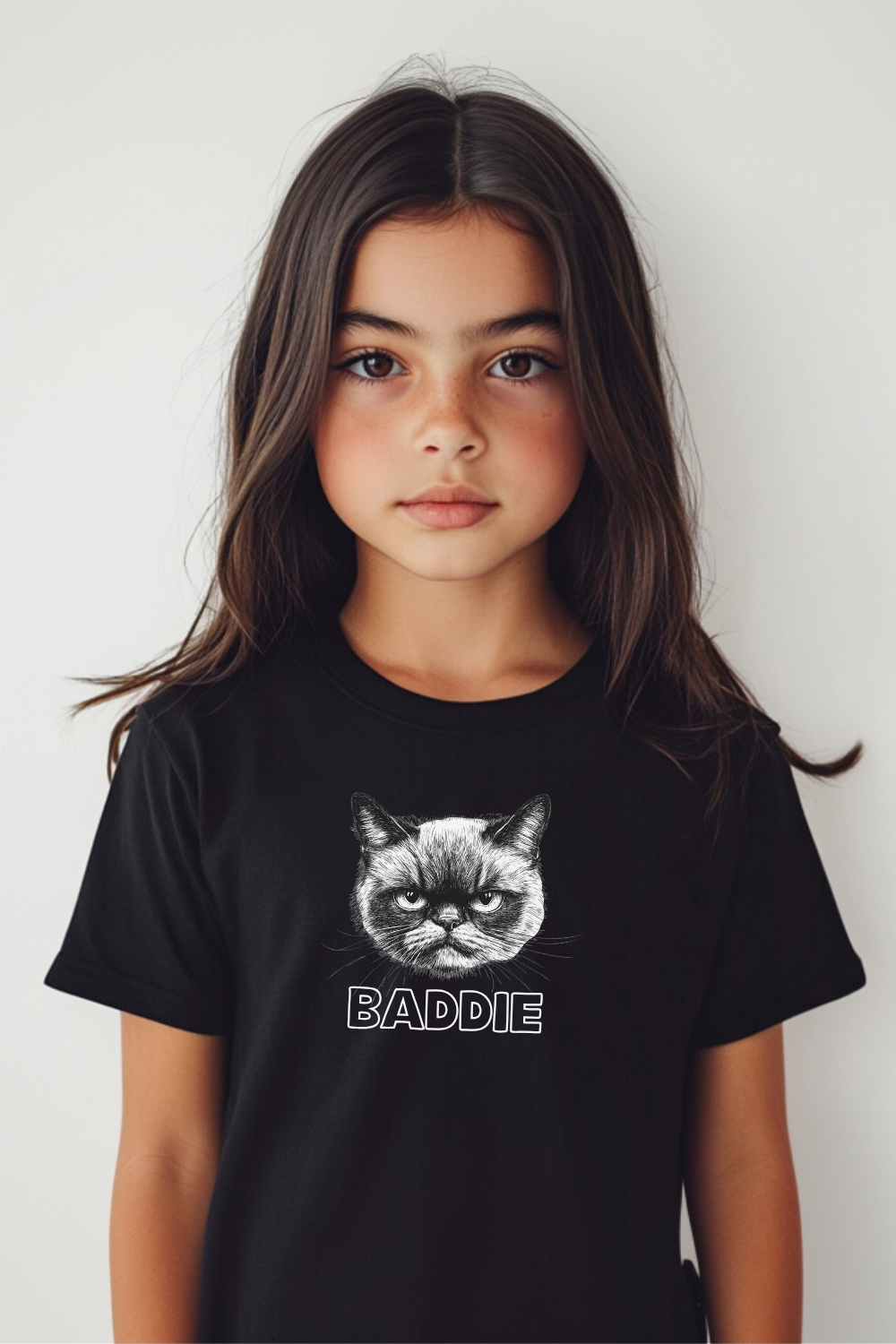 An image of a young girl wearing a stylish black t-shirt featuring a chic line drawing of a cat face and the word "BADDIE." The 100% organic cotton tee offers eco-friendly comfort while showcasing a trendy design for fashion-forward kids and cat lovers.