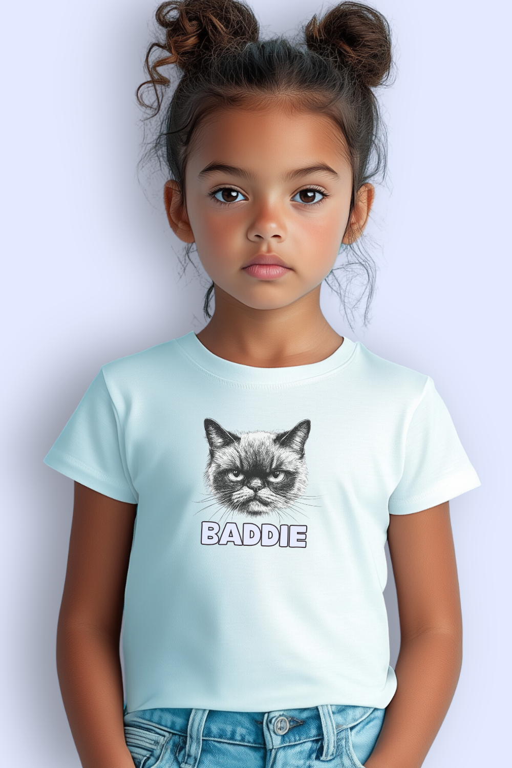 An image of a young girl wearing a stylish white t-shirt featuring a chic line drawing of a cat face and the word "BADDIE." The 100% organic cotton tee offers eco-friendly comfort while showcasing a trendy design for fashion-forward kids and cat lovers.