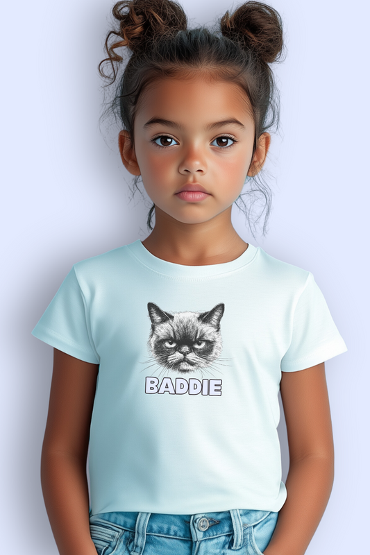 An image of a young girl wearing a stylish white t-shirt featuring a chic line drawing of a cat face and the word "BADDIE." The 100% organic cotton tee offers eco-friendly comfort while showcasing a trendy design for fashion-forward kids and cat lovers.