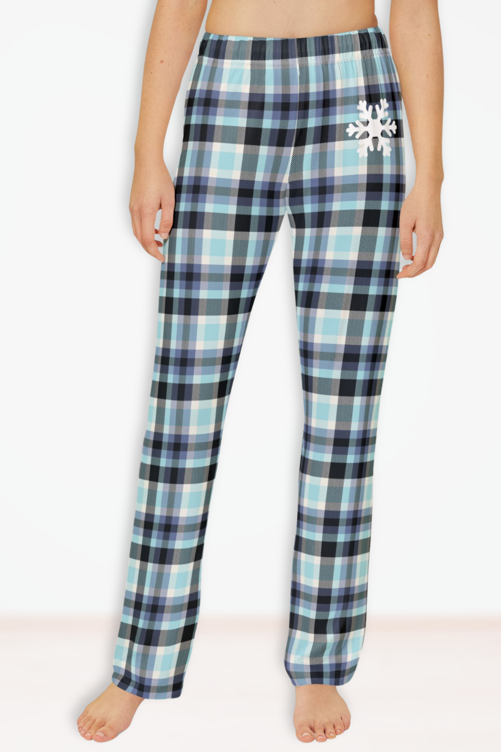Festive blue plaid youth pajama pants with snowflake, also in adult sizes for matching family Christmas PJs. Perfect holiday gift for tweens & teens.