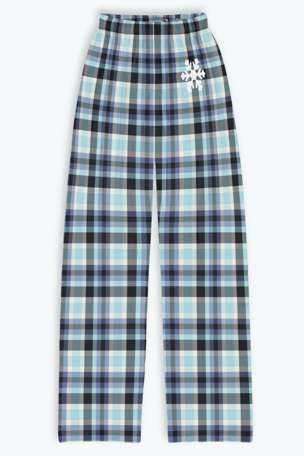 Festive blue plaid youth pajama pants with snowflake, also in adult sizes for matching family Christmas PJs. Perfect holiday gift for tweens & teens.