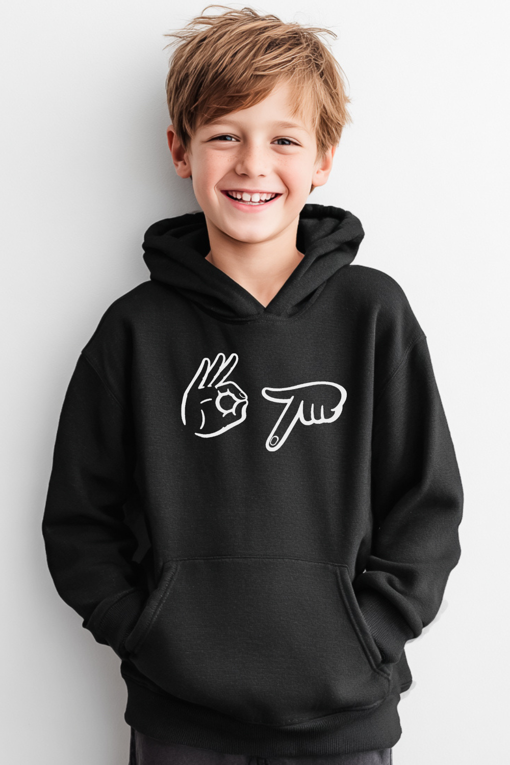 Child wearing a black 67 Hands hoodie featuring a minimalist hand gesture line art graphic. Unisex pullover hoodie designed for kids and teens, with a soft fleece feel and modern graphic style.