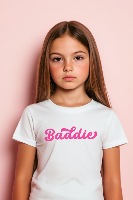 BADDIE Women's Baby Tee - Retro cursive font t-shirt for women, teens, and kids. Organic cotton baby tee in White, Black, Sand, and Light Pink. Stylish, sustainable, and slim-fit casual wear.