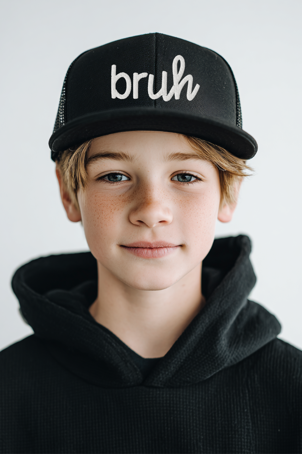 A tween boy wearing a black embroidered “bruh” trucker hat with a mesh back and structured front panel. The clean, close-up image highlights the white stitched lettering and modern streetwear look, perfect for product pages and youth apparel.