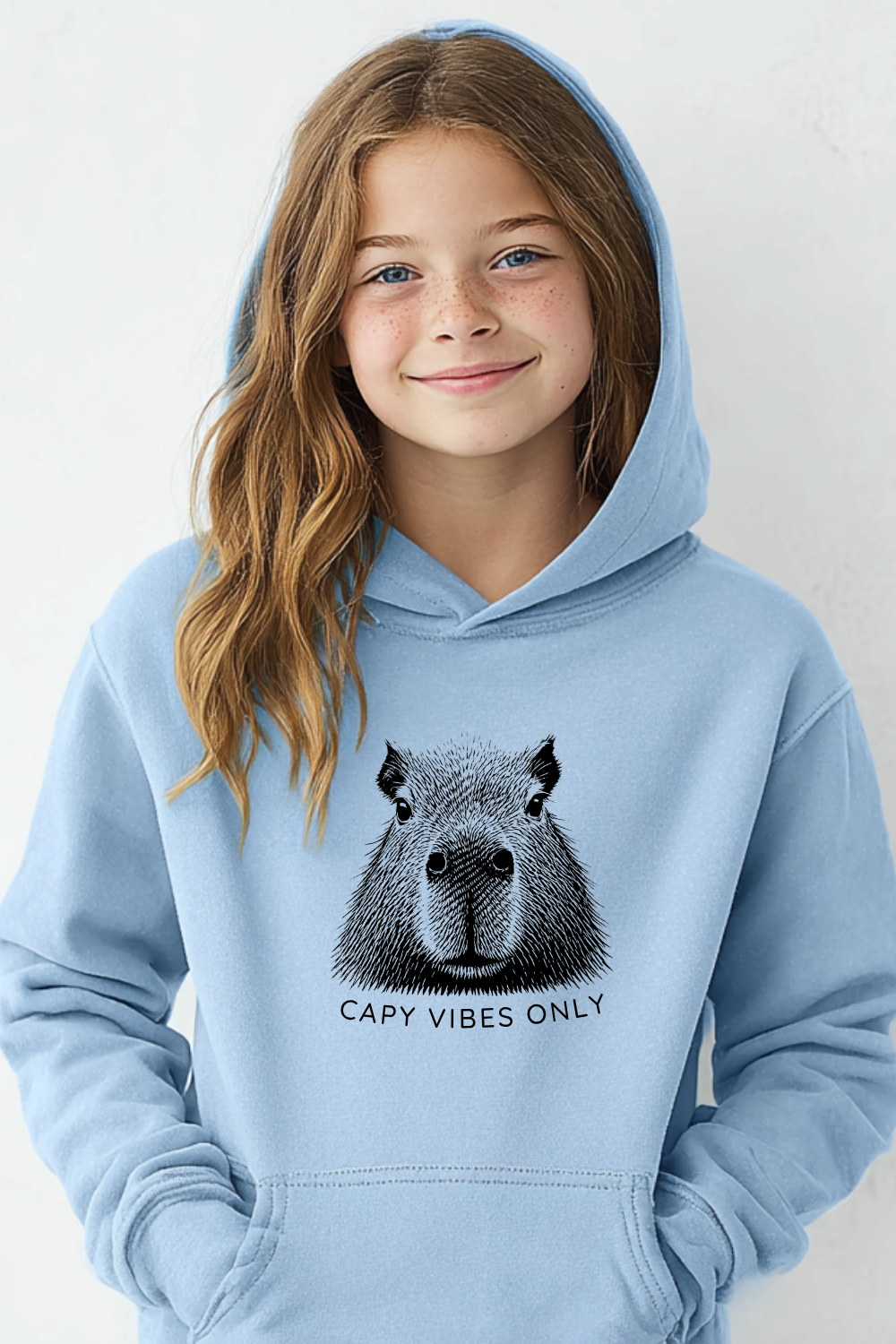Girl wearing a light blue “Capy Vibes Only” hoodie featuring a detailed capybara line drawing. Cozy, pigment-dyed sweatshirt with a relaxed fit — a thoughtful and trendy gift for kids, teens, or anyone who loves cute animals and chill vibes.