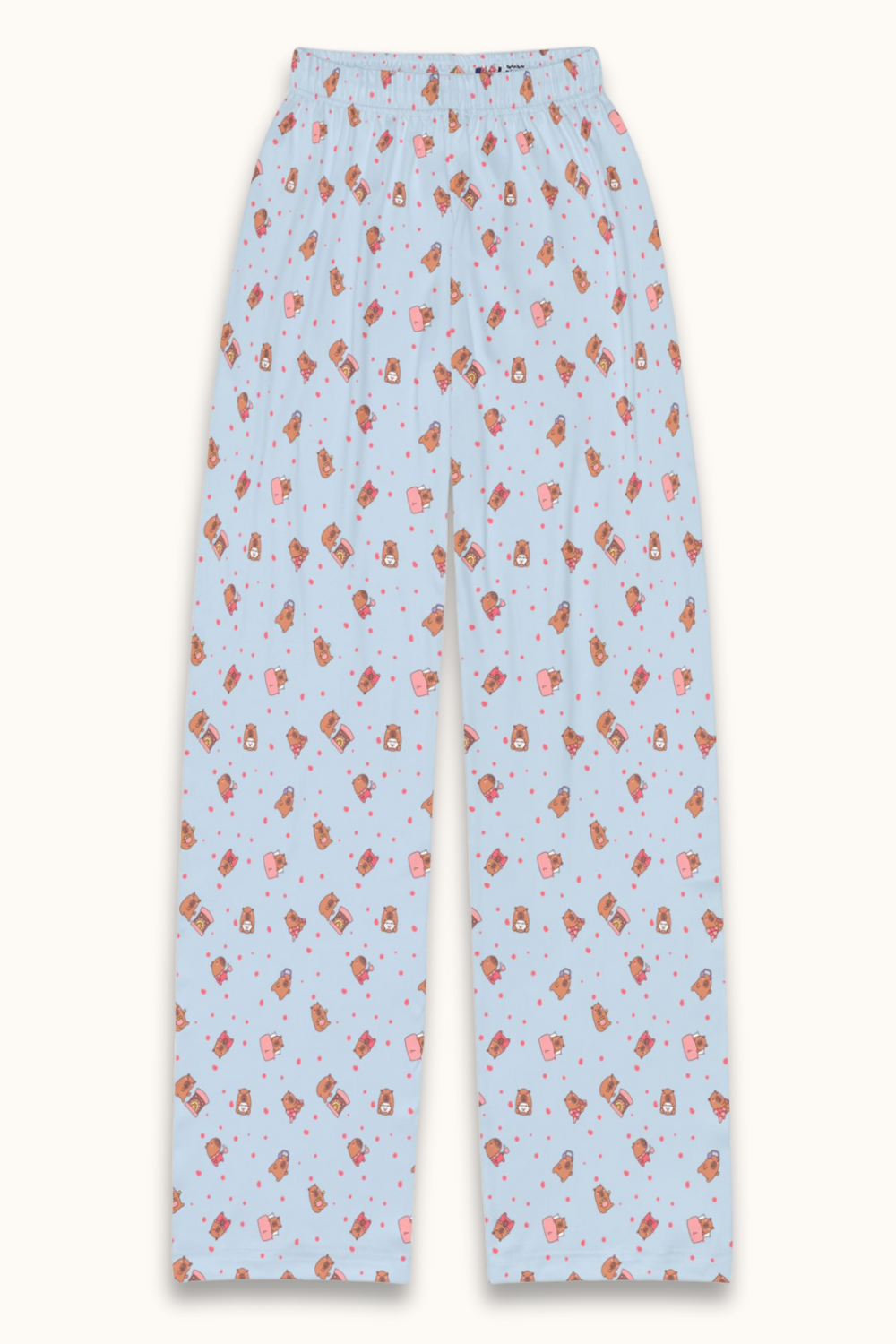 Dusk Blue capybara lounge pants with a whimsical all-over capybara and plushie pattern. Made from soft, lightweight brushed polyester for cozy comfort. A unisex pajama bottom that’s perfect for kids, tweens, and teens who love cute animal prints and comfy pastel sleepwear. Great gift for birthdays, holidays, and sleepovers.