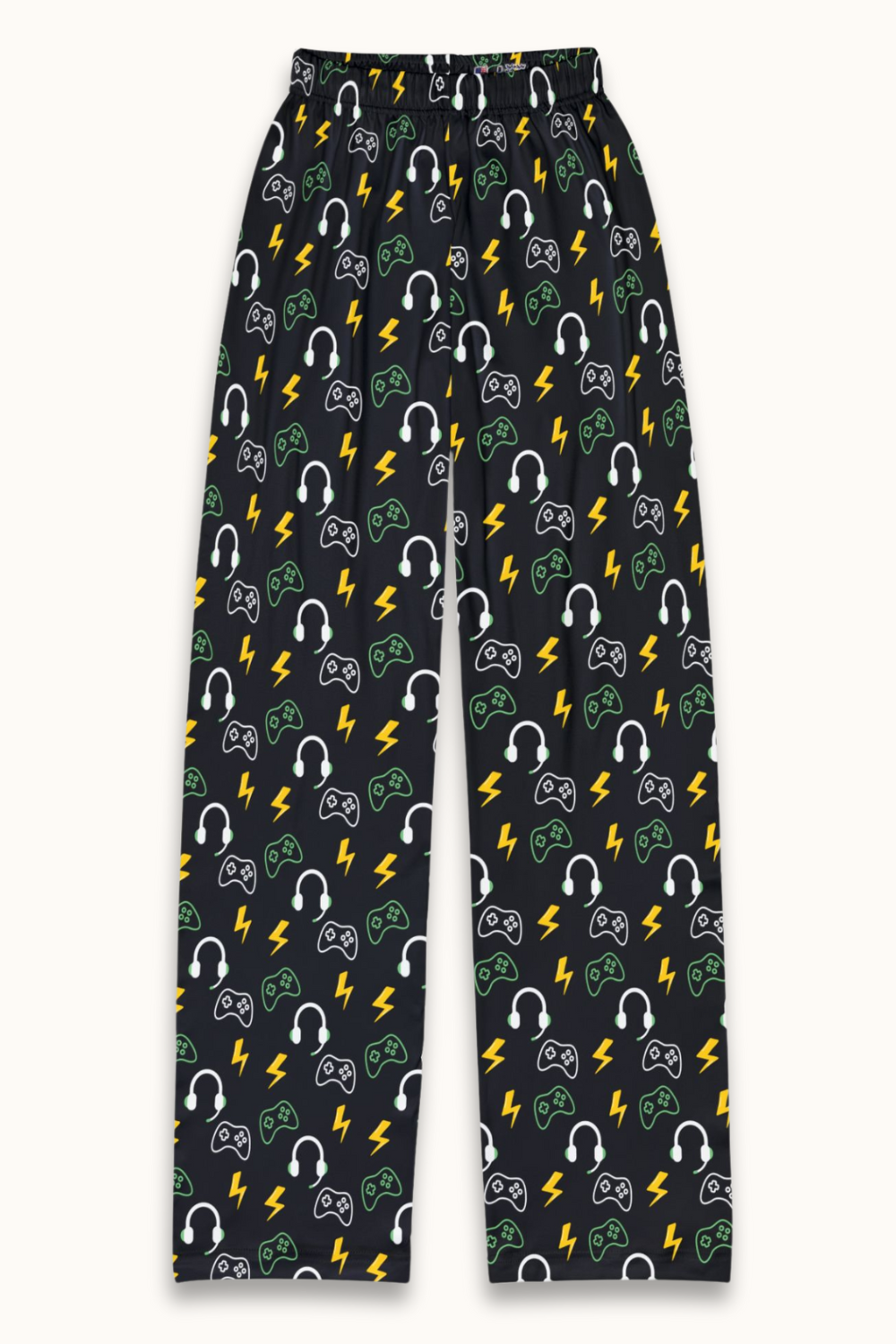 Black lounge pants covered in a gamer-themed print with green controllers, white headsets, and yellow lightning bolts. Comfortable and stylish pajama pants that make an awesome gift for kids, teens, or any gaming fan — pairs perfectly with the “Chill Mode: ON” hoodie for the ultimate cozy combo.