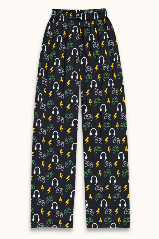 Black lounge pants covered in a gamer-themed print with green controllers, white headsets, and yellow lightning bolts. Comfortable and stylish pajama pants that make an awesome gift for kids, teens, or any gaming fan — pairs perfectly with the “Chill Mode: ON” hoodie for the ultimate cozy combo.