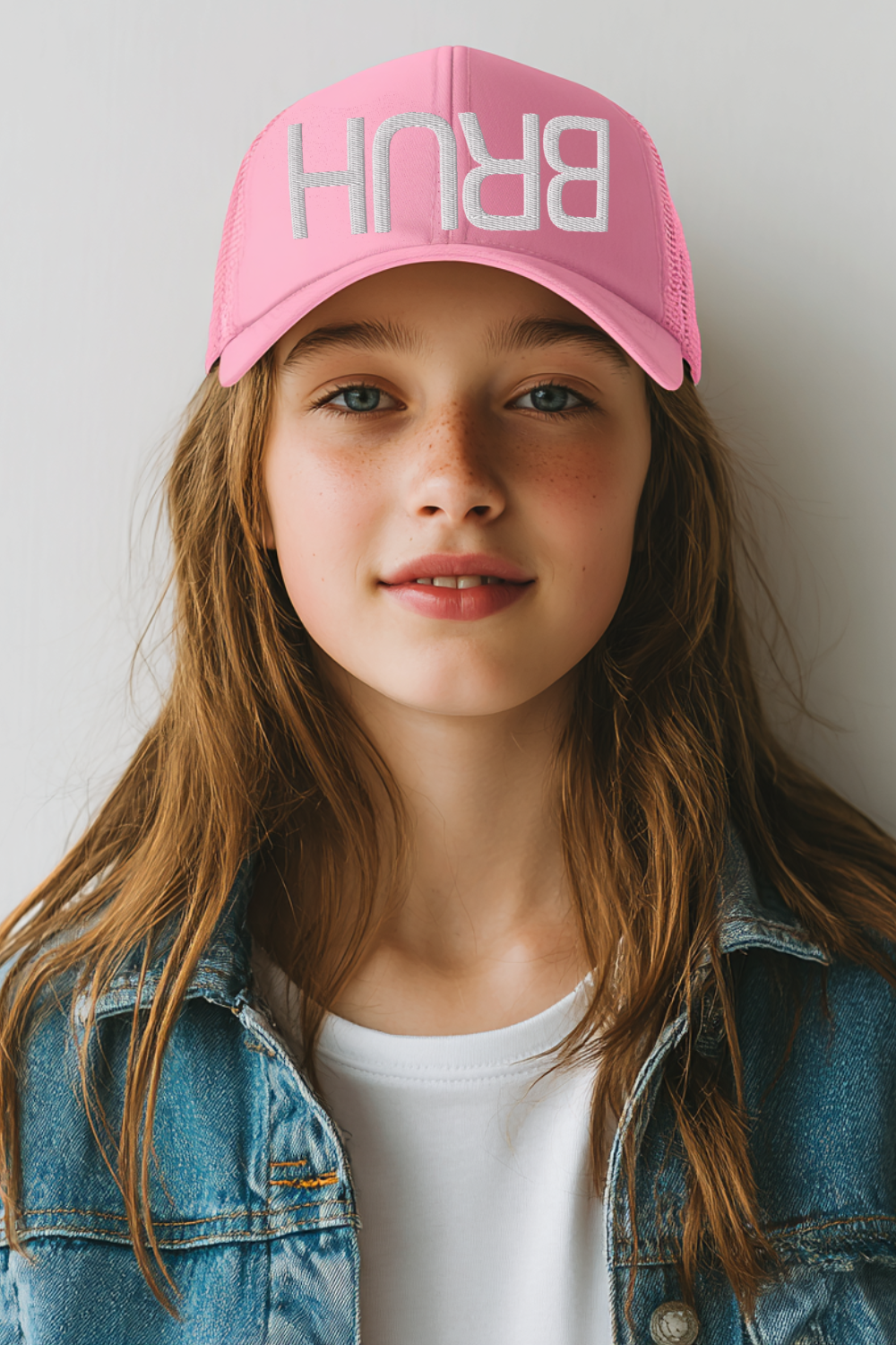 A tween girl wearing a bright pink Yupoong retro trucker hat featuring upside-down “BRUH” white embroidery. She’s styled in a denim jacket and white tee for a fun, cute, gamer-coded vibe. Ideal for product pages, youth fashion ads, or aesthetic Pinterest pins.