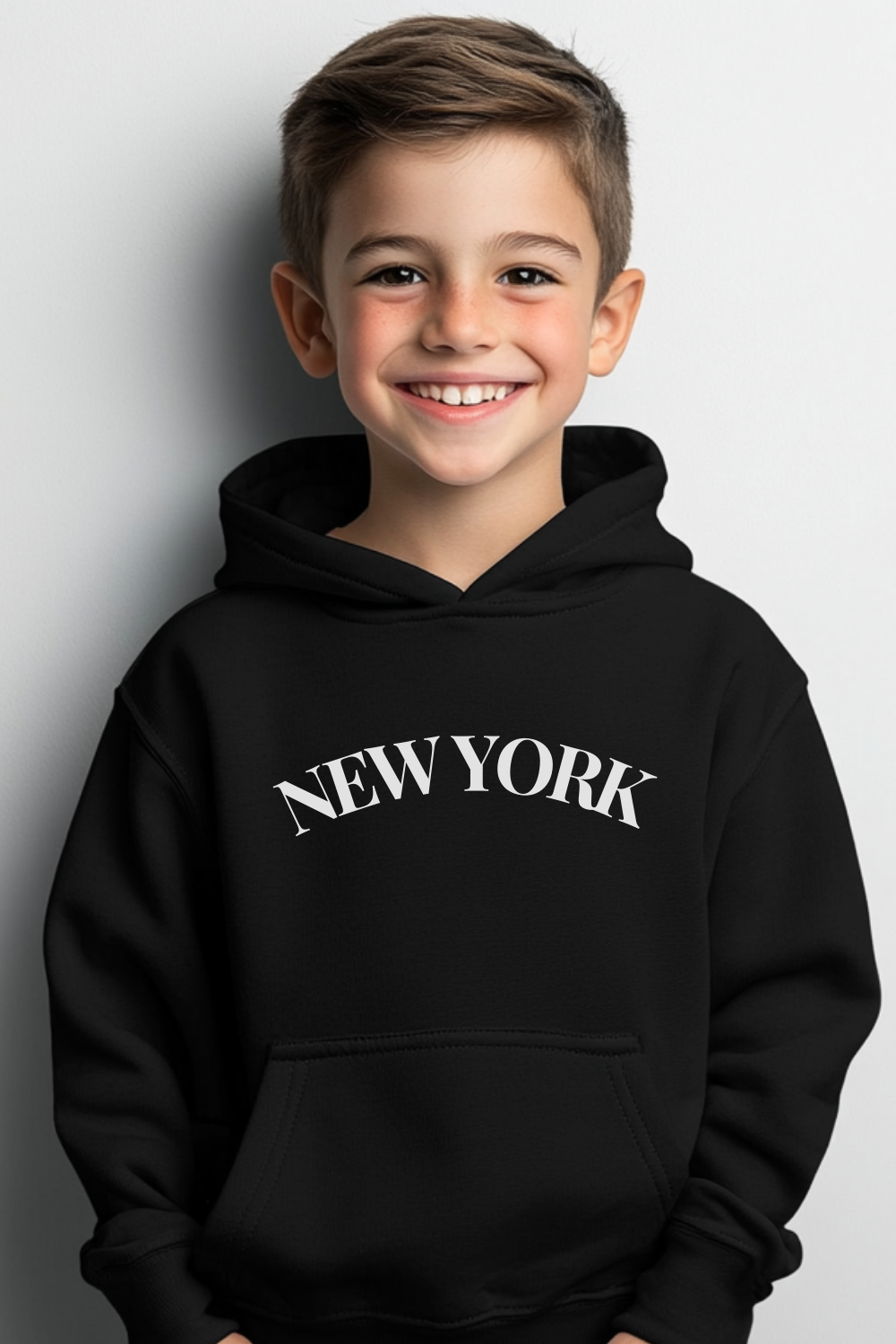 A young boy stands against a plain background wearing a black hoodie with “NEW YORK” in white lettering, showcasing a trendy casual style.