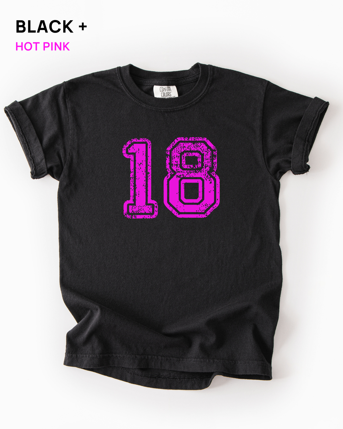 Custom varsity number tee in Black with a hot pink distressed varsity number