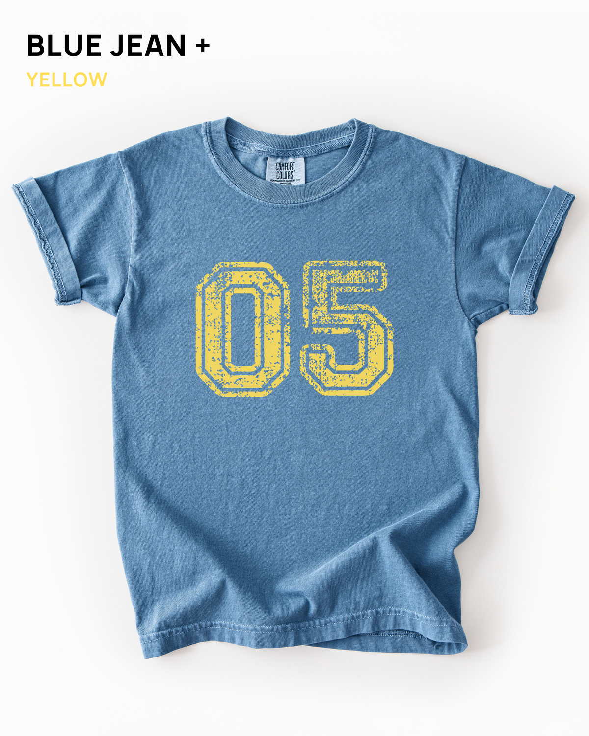 Custom varsity number tee in Blue Jean with a yellow distressed varsity number