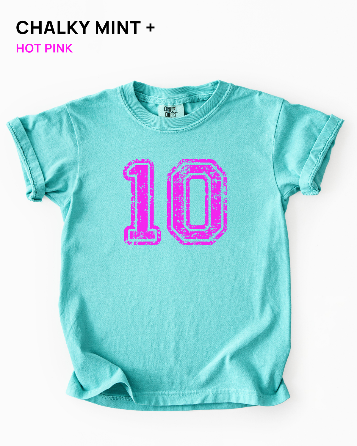 Custom varsity number tee in Chalky Mint with a hot pink distressed varsity number