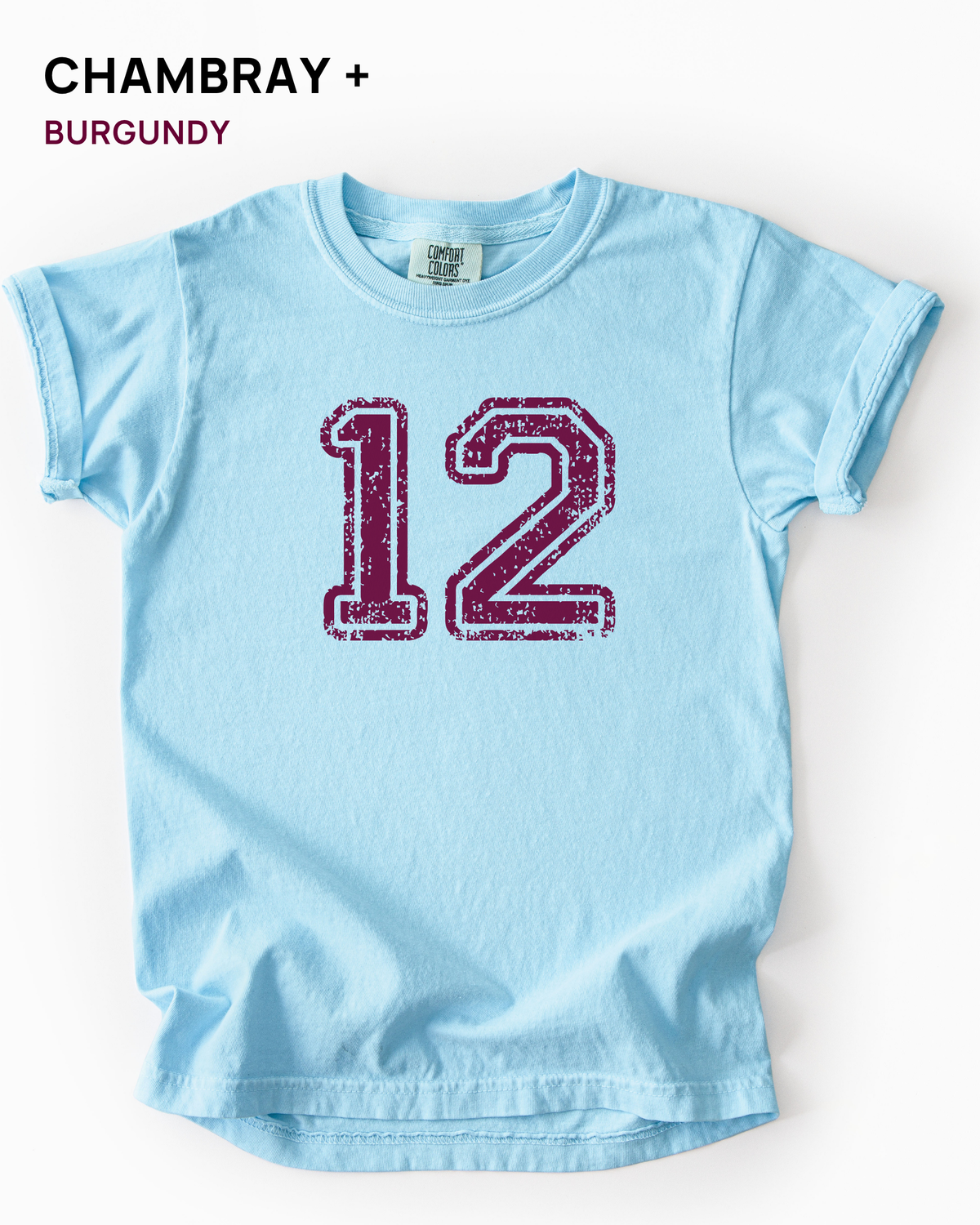 Custom varsity number tee in Chambray light blue with a burgundy distressed varsity number