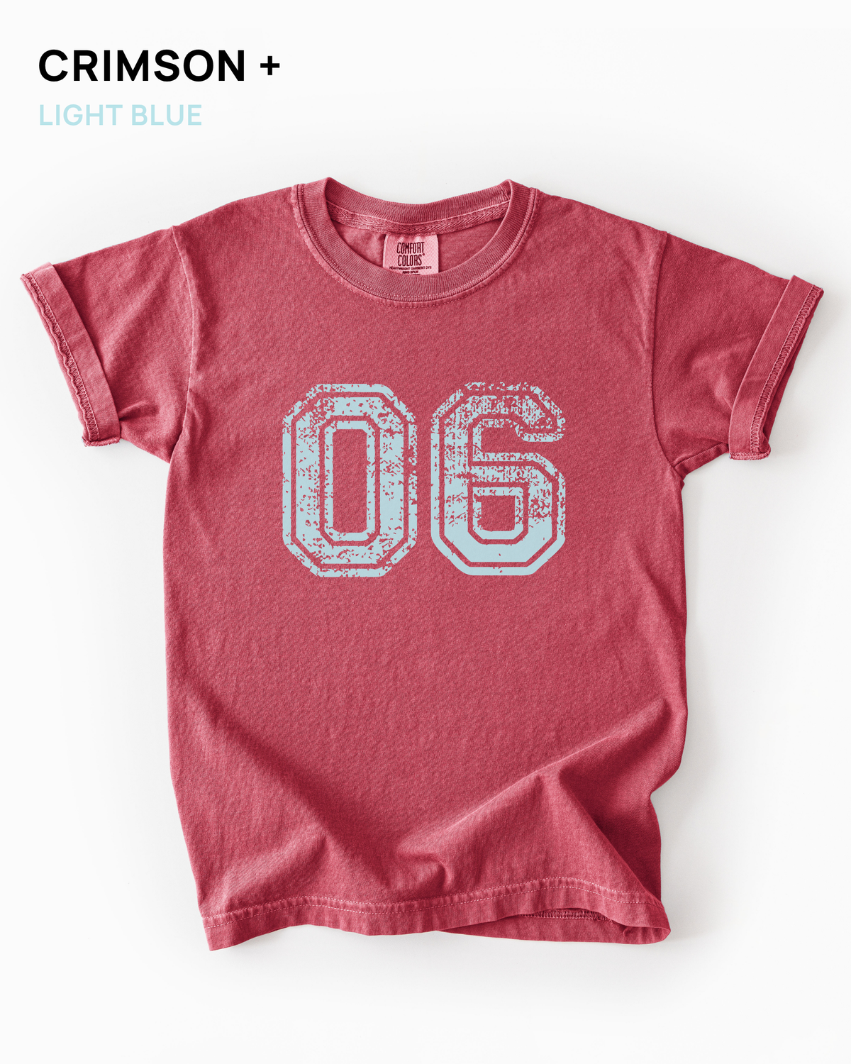 Custom varsity number tee in Crimson red with a light blue distressed varsity number