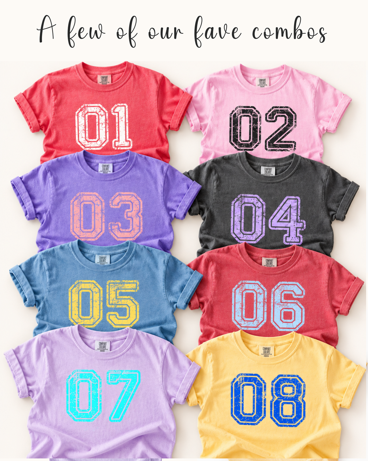 Eight custom varsity number tees showing favorite shirt and number color combos, numbered 01 to 08