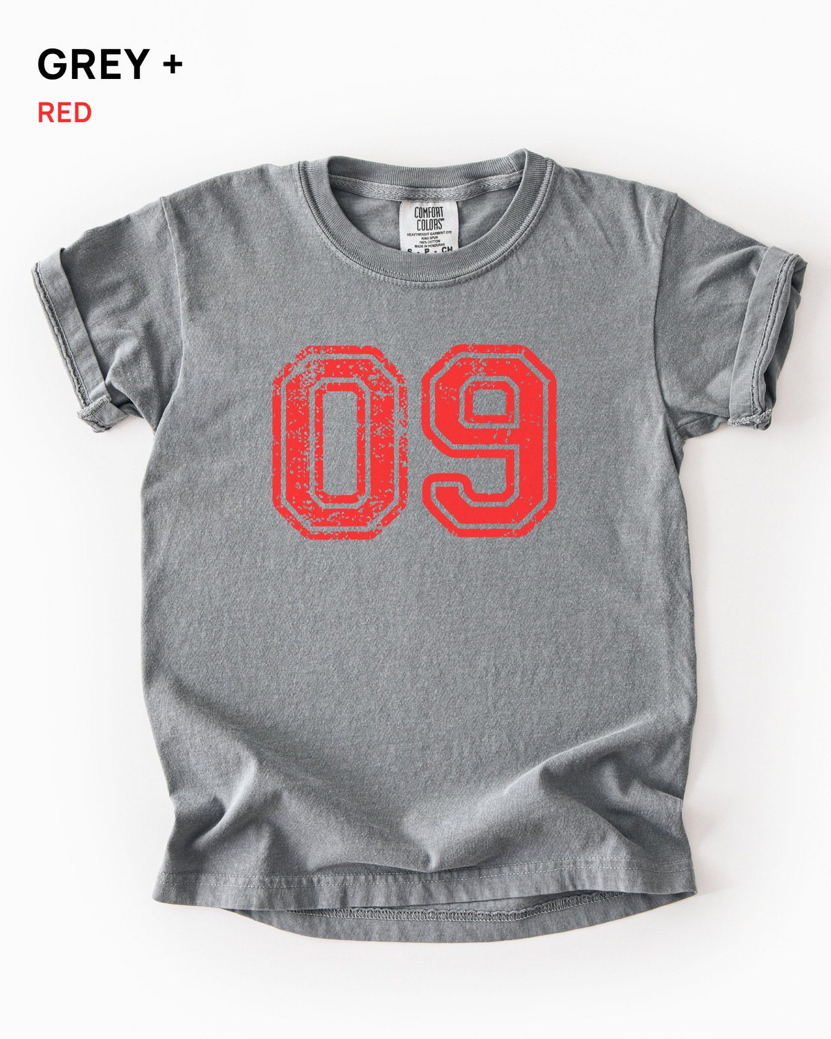 Custom varsity number tee in Grey with a red distressed varsity number