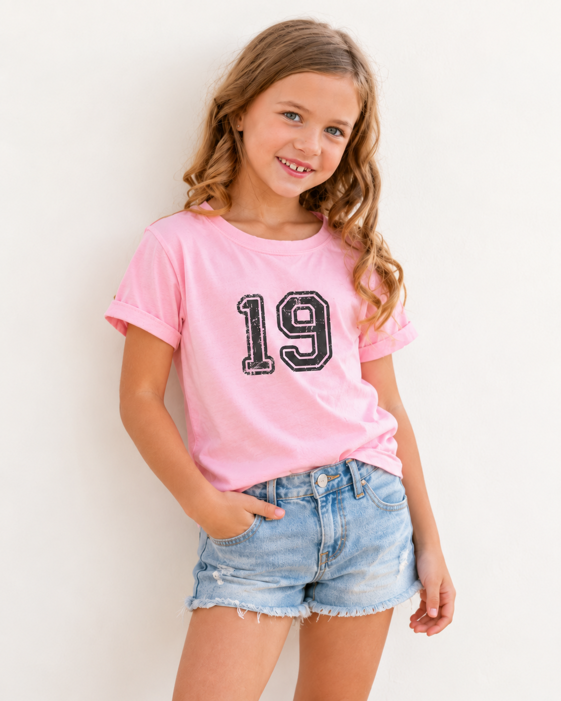 Girl wearing a custom varsity number tee in Blossom pink with a black distressed 19 and denim shorts