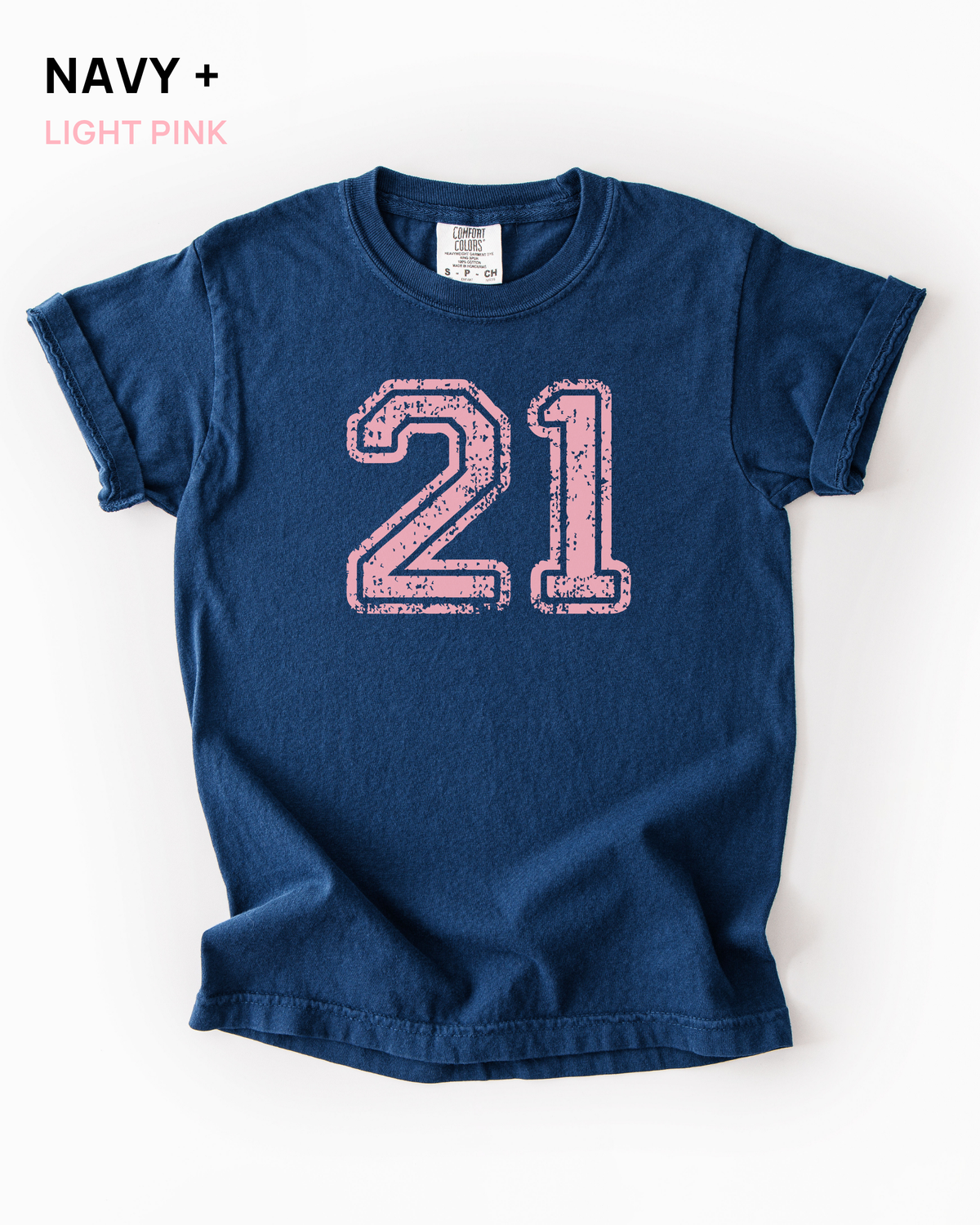 Custom varsity number tee in Navy with a light pink distressed varsity number