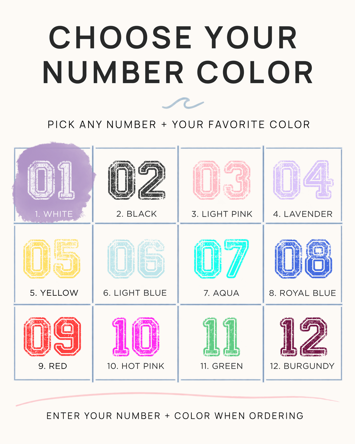 Chart of 12 number colors: white, black, light pink, lavender, yellow, light blue, aqua, royal blue, red, hot pink, green, burgundy