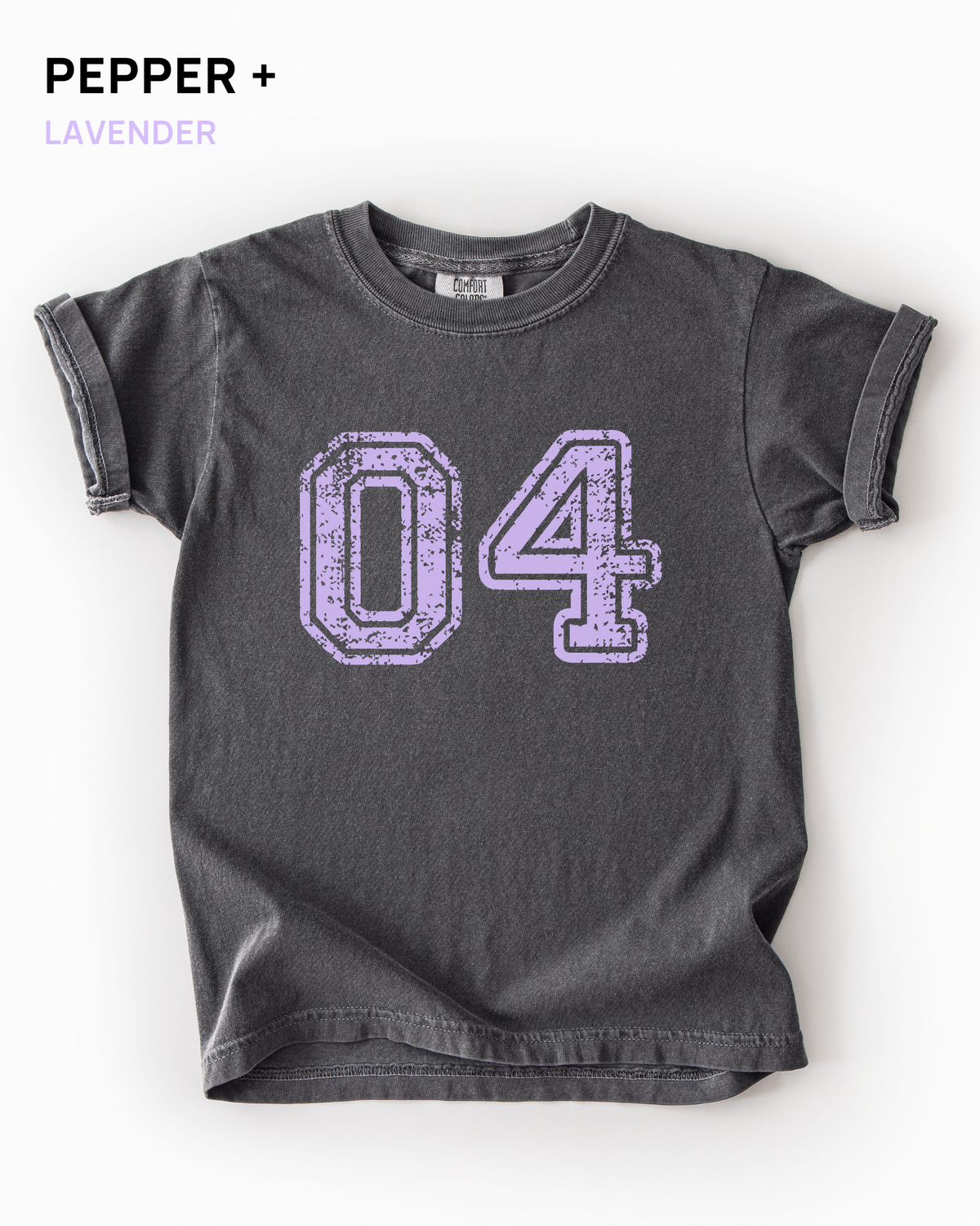 Custom varsity number tee in Pepper charcoal with a lavender distressed varsity number