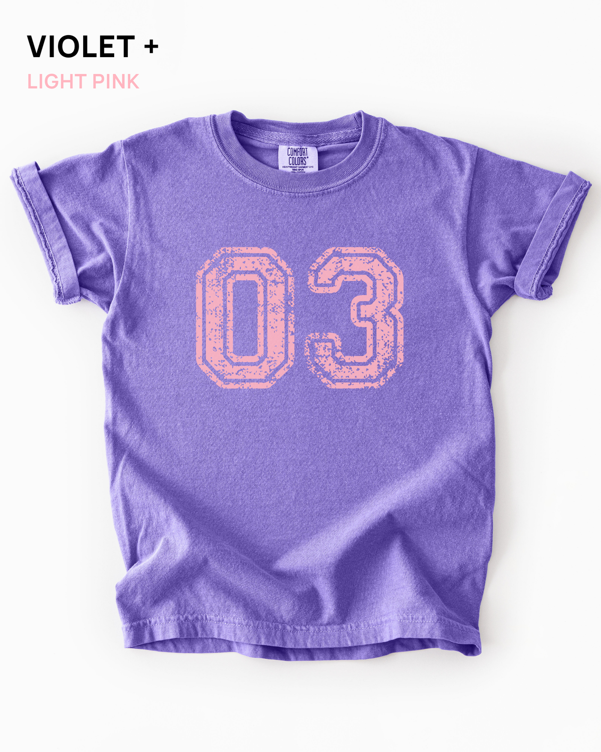 Custom varsity number tee in Violet with a light pink distressed varsity number