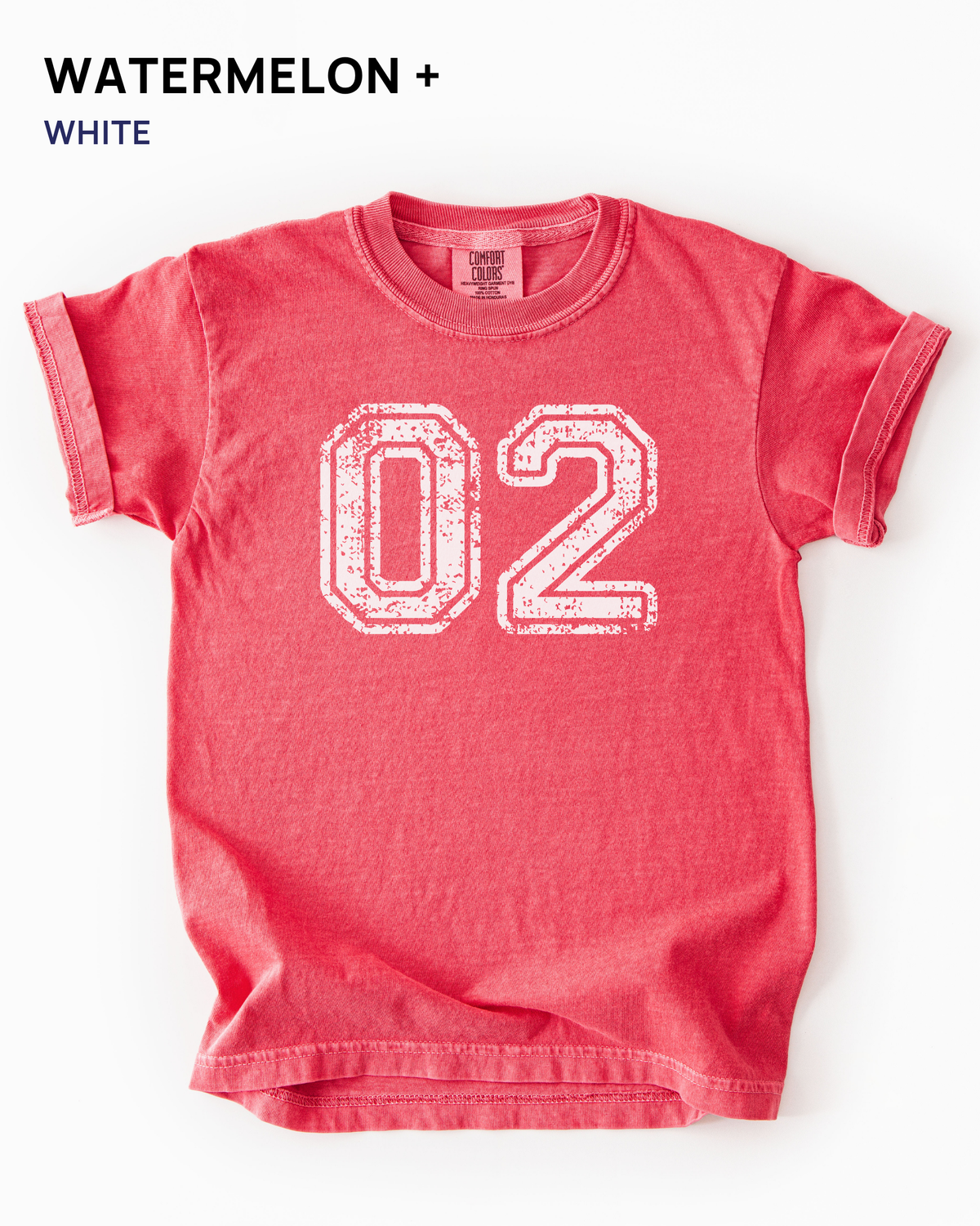 Custom varsity number tee in Watermelon with a white distressed number 02